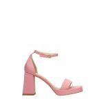 Elöl nyitott, kockasarkú rózsaszínű szatén szandál