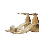 Arany elöl nyitott, bokánál csatos, kocka sarkú szandál, strasszos pánttal