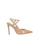 Nude elöl zárt, hátul nyitott, bokánál csatos, elegáns, keresztpántos tűsarkú szandál