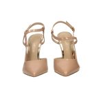 Nude elöl zárt, hátul nyitott, bokánál csatos, elegáns, keresztpántos tűsarkú szandál