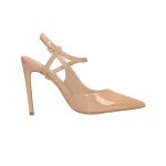 Nude elöl zárt, hátul nyitott, bokánál csatos, elegáns, keresztpántos tűsarkú szandál