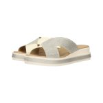 Ezüst-fehér színű, elöl nyitott, magastalpú keresztpántos papucs memóriahabos talprésszel