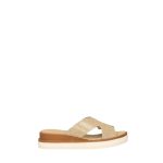 Barna-arany színű, elöl nyitott, magastalpú keresztpántos papucs memóriahabos talprésszel