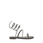 Lapos, fekete színű ecobőr szandál, bokára feltekerhető strasszos pánttal