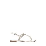 Lapos, ezüst színű, kövekkel díszített lábujjközös ecobőr szandál