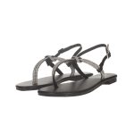 Lapos, fekete színű, kövekkel díszített lábujjközös ecobőr szandál