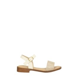   Fehér, bokánál csatos, elöl nyitott,  ecobőr szandál, arany pánttal