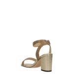 Arany színű, hasábsarkú ecobőr szandál, arany strasszkövekkel díszített pántokkal, valódi bőr talprésszel