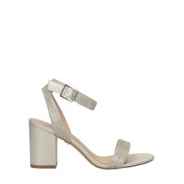   Ezüst színű, hasábsarkú ecobőr szandál, strasszkövekkel díszített pántokkal, valódi bőr talprésszel