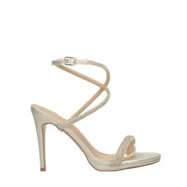   Ezüst színű, magassarkú ecobőr szandál, strasszkövekkel díszített pántokkal, valódi bőr talprésszel
