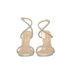 Ezüst színű, magassarkú ecobőr szandál, strasszkövekkel díszített pántokkal, valódi bőr talprésszel