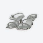 Elöl-hátul nyitott ezüst színű, ecobőr szandál, strasszos keresztpánttal