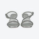 Elöl-hátul nyitott ezüst színű, ecobőr szandál, strasszos keresztpánttal