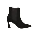 Fekete velúr hatású hegyesorrú bokacsizma, oldala gumírozott