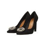 Fekete velúr hatású magassarkú cipő valódi bőr talprésszel, kör alakú strasszköves díszítéssel