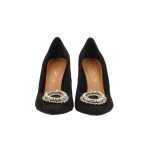 Fekete velúr hatású magassarkú cipő valódi bőr talprésszel, kör alakú strasszköves díszítéssel