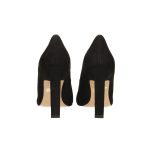 Fekete velúr hatású magassarkú cipő valódi bőr talprésszel, kör alakú strasszköves díszítéssel