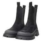 Fekete, velúrhatású textil bakancs, fekete színű gumitalppal, külső és belső oldalán gumirozott