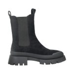 Fekete, velúrhatású textil bakancs, fekete színű gumitalppal, külső és belső oldalán gumirozott