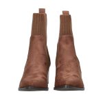 Barna színű, kocka sarkú, felső részén gumirozott, velúrhatású textil bokacsizma