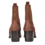 Barna színű, kocka sarkú, felső részén gumirozott, velúrhatású textil bokacsizma