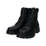 Fekete színű, 7 lyukú ecobőr bakancs, fekete gumitalppal, belső részén cipzárral, fekete és csillogós cipőfűzővel.