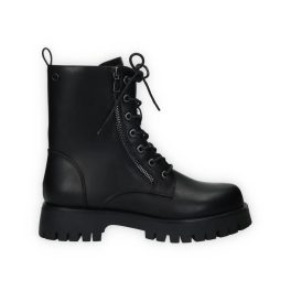   Fekete színű, 7 lyukú ecobőr bakancs, fekete gumitalppal, belső részén cipzárral, oldalán cipzár díszítéssel.