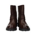 Barna színű, ecobőr motoros csizma, belső oldalán cipzárral külső részén dupla csattal díszítve