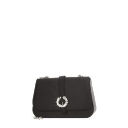   Fekete színű elegáns kistáska ezüst színű lánccal, elején köves dísszel